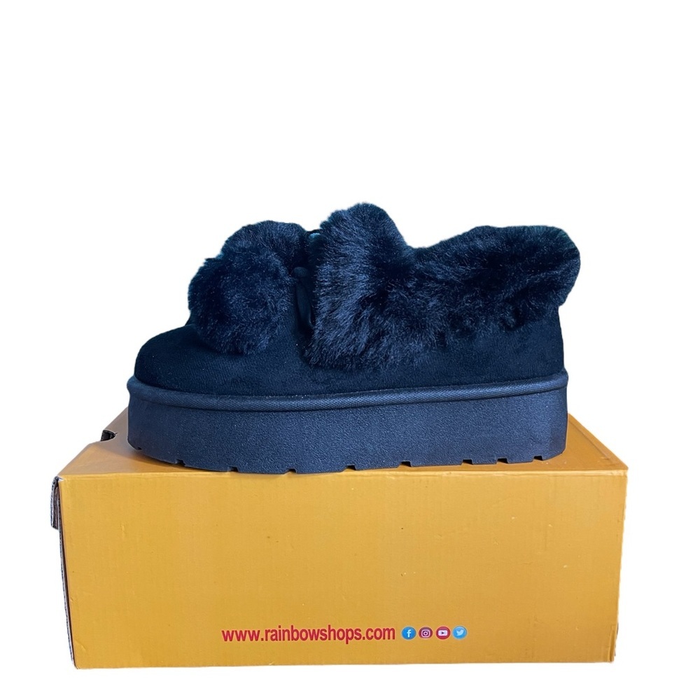 Faux Fur Lined Black Wedge Shoes